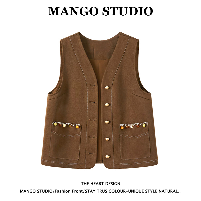 Brown Suede Beaded Vest for Women, Autumn Outerwear, V-Neck, Single-Breasted, Small Waistcoat, Vintage Layered Vest Brown Suede Beaded Vest for Women, Autumn Outerwear, V-Neck, Single-Breasted, Small Waistcoat, Vintage Layered Vest