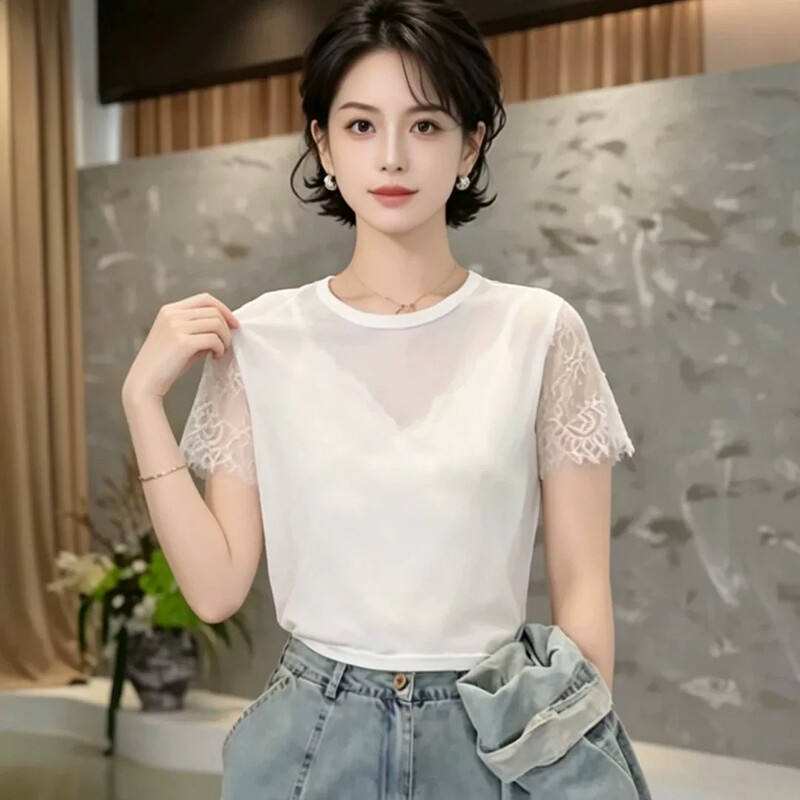 Lace Mesh Short-Sleeve T-Shirt with Round Neck, Summer New Style, Slimming Inner Layer, Mesh Top for Women Lace Mesh Short-Sleeve T-Shirt with Round Neck, Summer New Style, Slimming Inner Layer, Mesh Top for Women