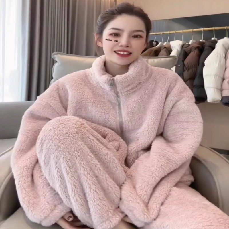 Winter Coral Velvet Thickened Fleece Pajamas Set for Women 2023 New Zipper Warm Outerwear Home Wear Two-Piece Set