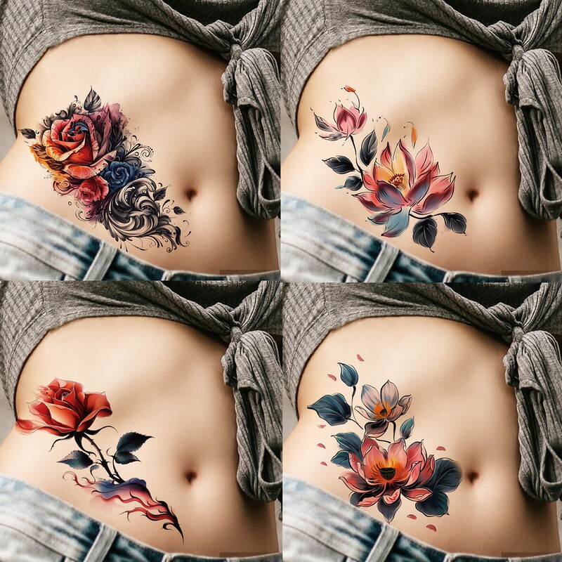 8 Pieces of Colorful Tattoo Stickers for Women, Waterproof, Long-Lasting, High-End Feel, Lower Abdomen Scar Cover, Sexy and Artistic Temporary Tattoo Stickers