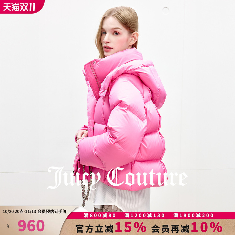 [90 White Duck down] Juicy Couture Orange down Jacket for Women Pink Hooded Casual Warm Short Jacket