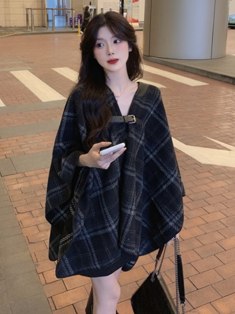シャネルスタイルの高級ジャケット、女性用秋冬レトロファッションチェック柄ルーズケープウールコート女神スタイル