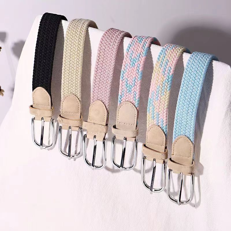 Dopamine No-Punch Versatile Jeans Canvas Belt Woven Elastic Buckle Student Lazy Cloth Belt for Women
