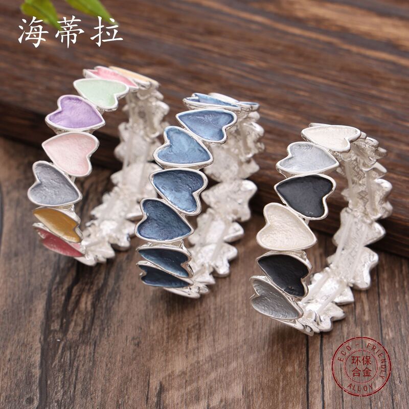 New Cross-Border Colorful Oil-Painted Heart-Shaped Elastic Bracelet Set, Spring and Summer Fresh Style Versatile Bracelet for Women