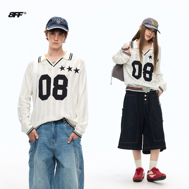 8Ff/26 Autumn Knitted Color-Block Long Sleeve T-Shirt Vintage Casual Versatile American Style Star Patch Aprui Style Jersey
