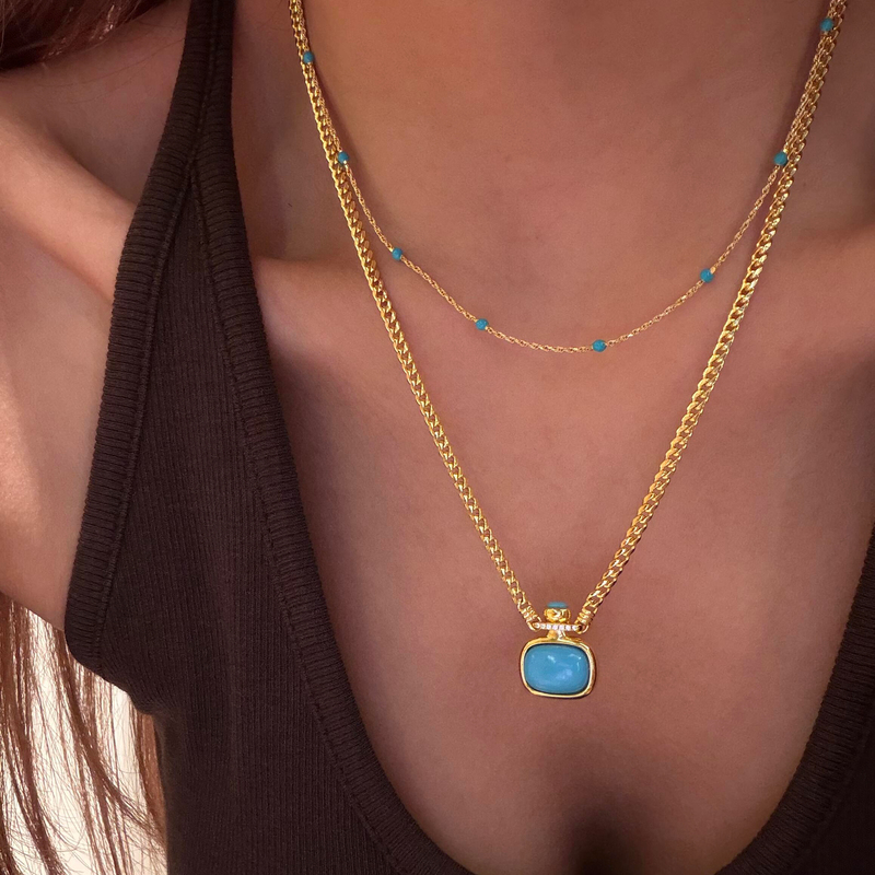 Turquoise Sugar Cube Perfume Bottle Necklace S925 Silver Gold-Plated Light Jewelry Cuban Chain Layered Vintage