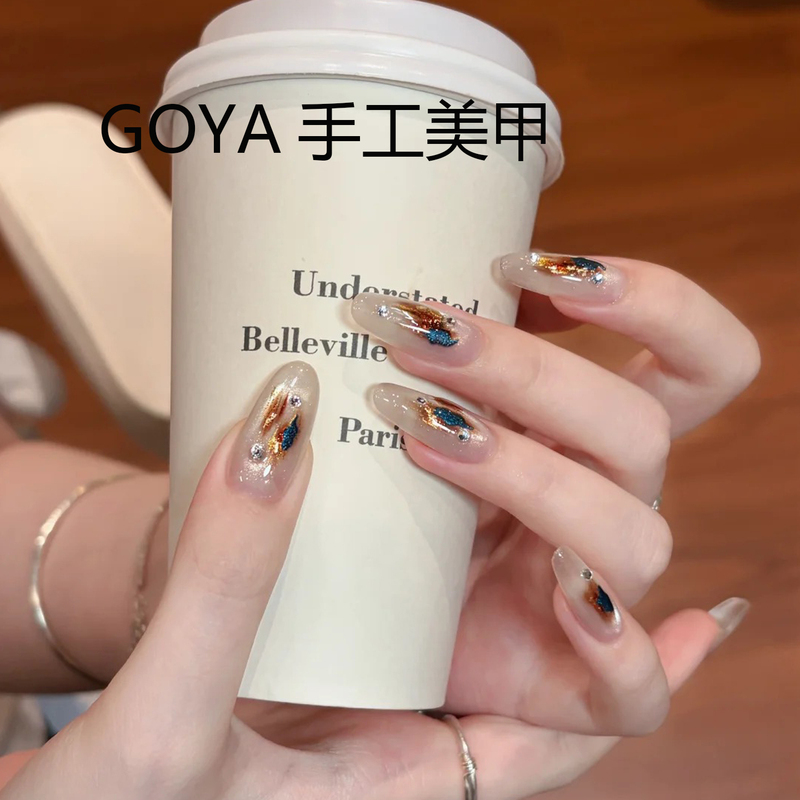 Purely Handmade Wearable Nails with High-End Amber Gradient, New Autumn and Winter Style, Atmospheric Blue-Brown Gradient, Medium Oval Manicure