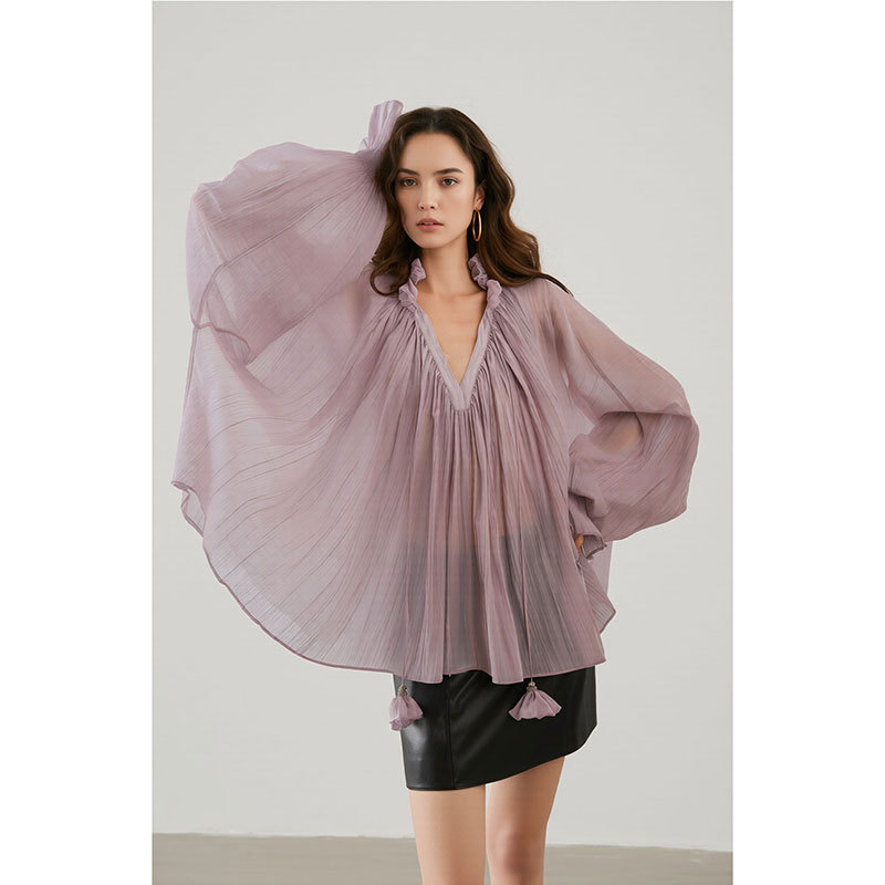 2026 Soft Petal Series Heavyweight Lyocell Acetate Blend V-Neck Lantern Long Sleeve Shirt with Ruffled Edges