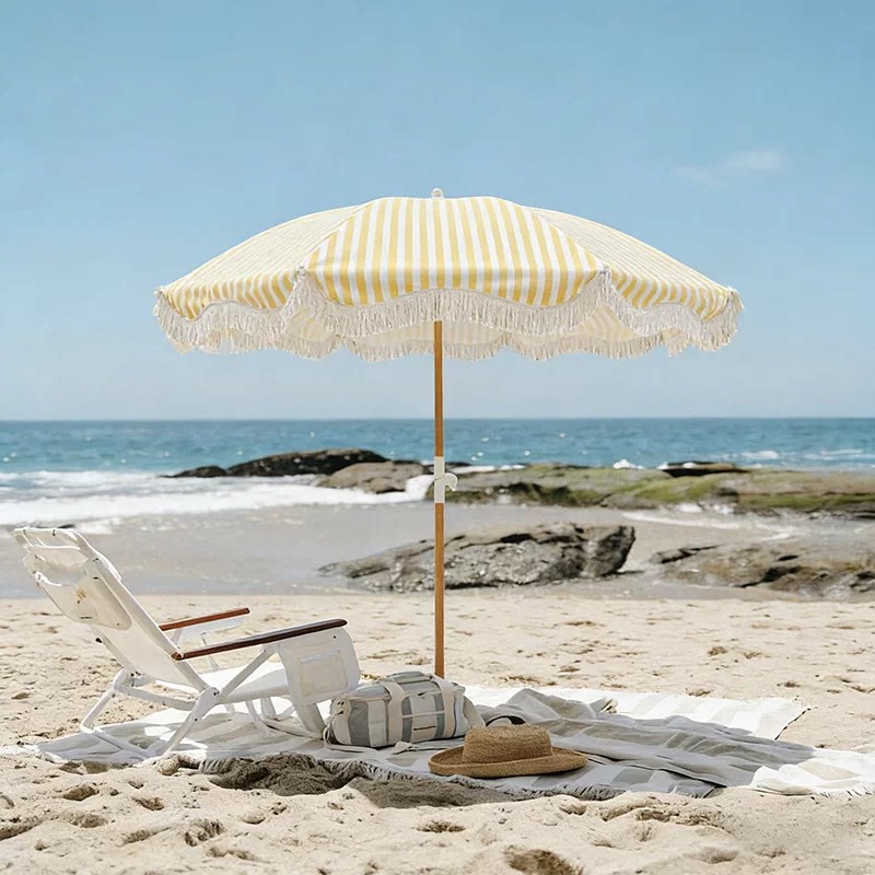 Outdoor Sun Protection Umbrella, Beach Umbrella, Directional Beach Sun Umbrella, Yellow and White Striped Umbrella with Tassels, Garden and Outdoor Camping Umbrella