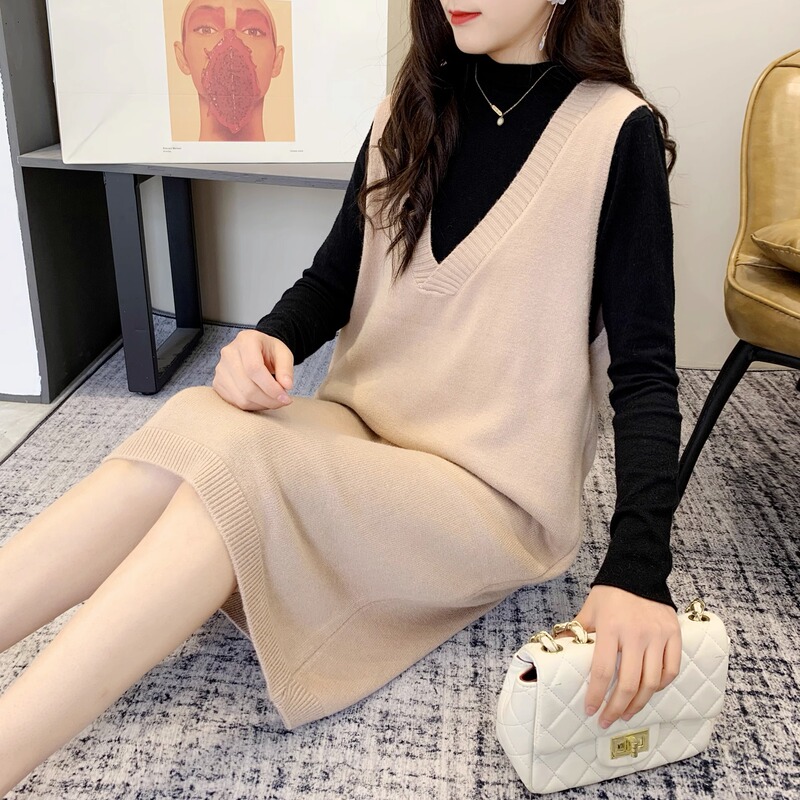 High-Quality and Sophisticated Knit Vest for Women, Spring and Autumn Solid Color V-Neck Sweater Dress, Over-The-Knee Mid-Length Dress