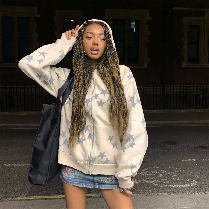 Джуфть Vintage Star Pattern Hoodie Women Men Fairy Grunge Long Sleeves