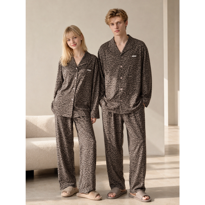 Victoria Couple's Pajamas for Women, Spring and Autumn, Pure Cotton, Long-Sleeved, Leopard Print, High-End Home Wear, Men's Set