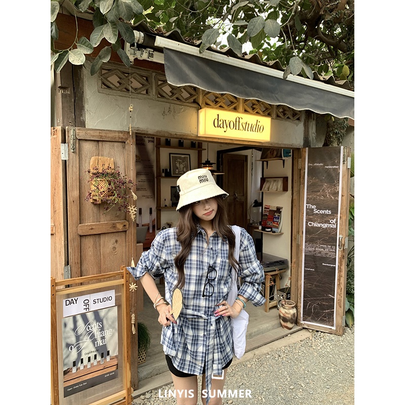【Korean Style Relaxed Feel】Vintage Blue Plaid Design Versatile Loose Tie-Up Shirt for Women 2026 Summer New Style