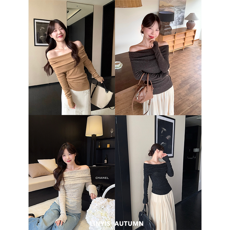 Linyis High-End Lazy Style One-Shoulder Long-Sleeved Knitted Sweater for Women, New Autumn Style Slim-Fitting Inner Top