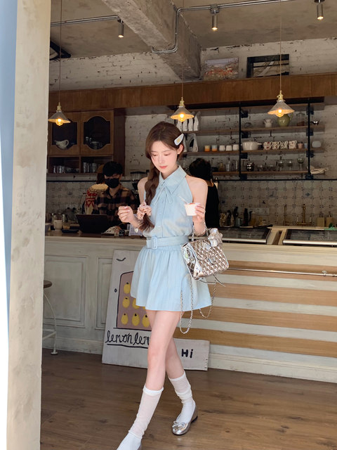 DeeeeFuu Peipei Korean Manga Ouni Mint Mambo Halter Dress Women's Lace-Up Waist Commuting Skirt