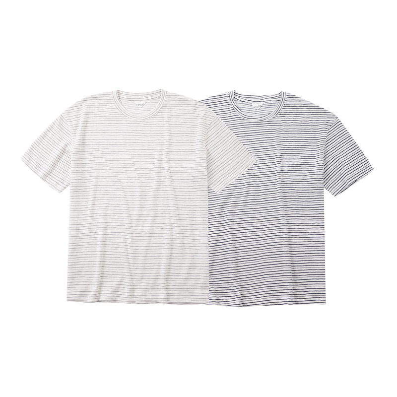 Pansk【Two-Tone Stripes】Casual and Relaxed Short Wide Round Neck Short Sleeve T-Shirt Base Layer