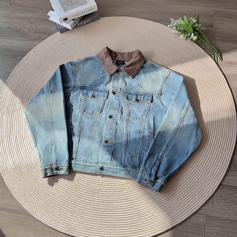 Pansk High-Ounce Light Blue Washed Distressed Denim Jacket, Short Wide Fit, Remake Pansk High-Ounce Light Blue Washed Distressed Denim Jacket, Short Wide Fit, Remake