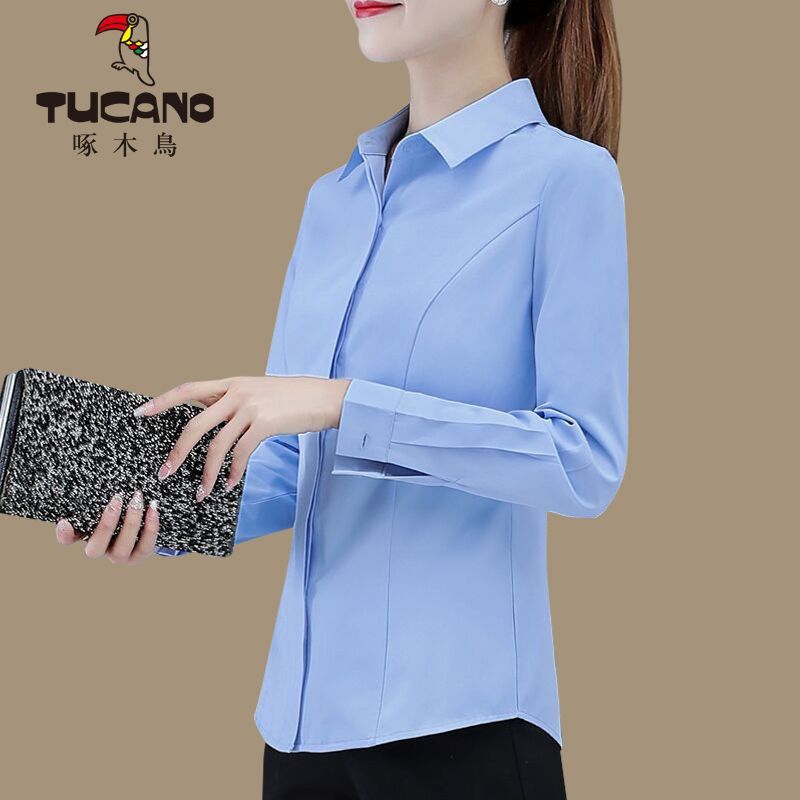 Woodpecker Solid Color Women's Long-Sleeve Shirt, New Spring and Autumn Style, Professional and Elegant Slim-Fit Shirt, Base Layer Workwear Top