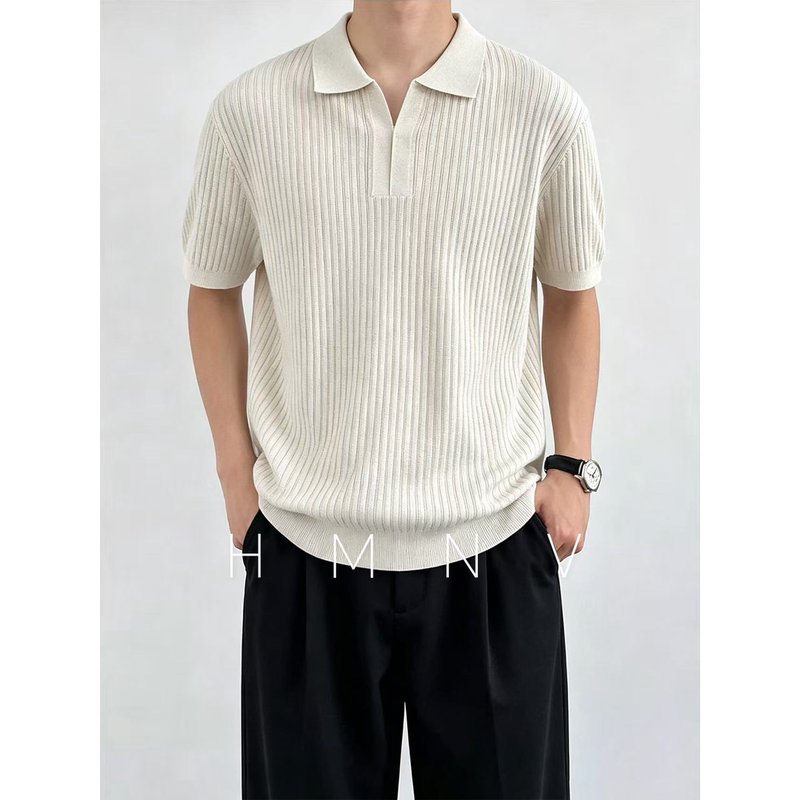 Hmnv Trendy Brand Lyocell Ribbed Texture Linen Blend Old Money Lapel Polo Shirt Knitted Short-Sleeve T-Shirt