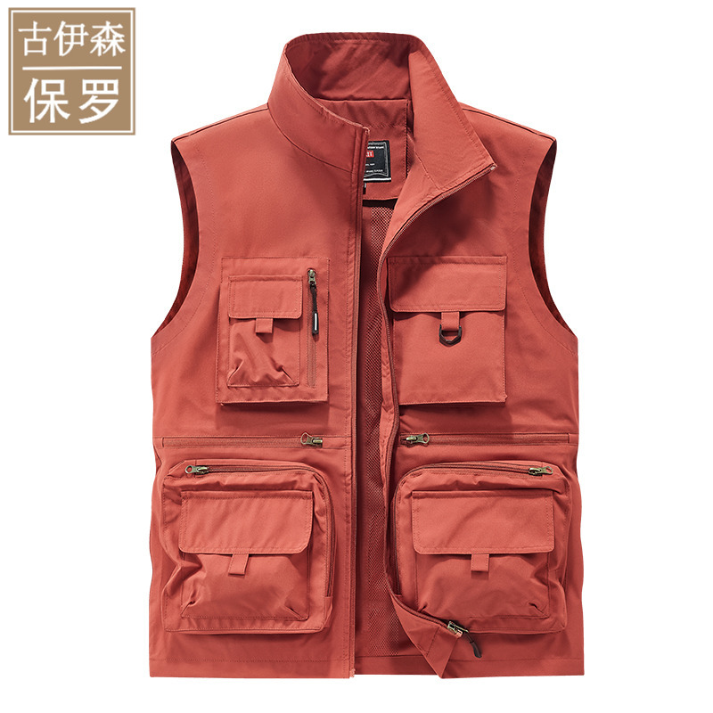 Paul Lightweight Double-Layer Vest for Men with Stand Collar, Multiple Pockets, Workwear Style, Red, Sleeveless for Hiking and Fishing