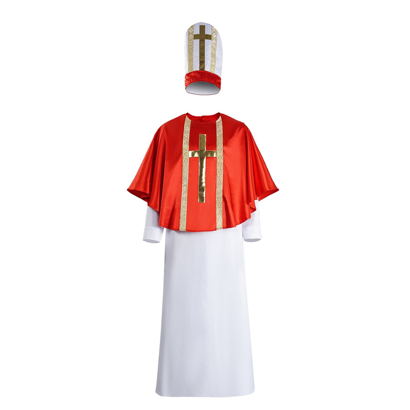 Halloween Missionary Costume Cosplay Priest Robe Red Cloak Set Medieval Stage Performance Costume C Costume