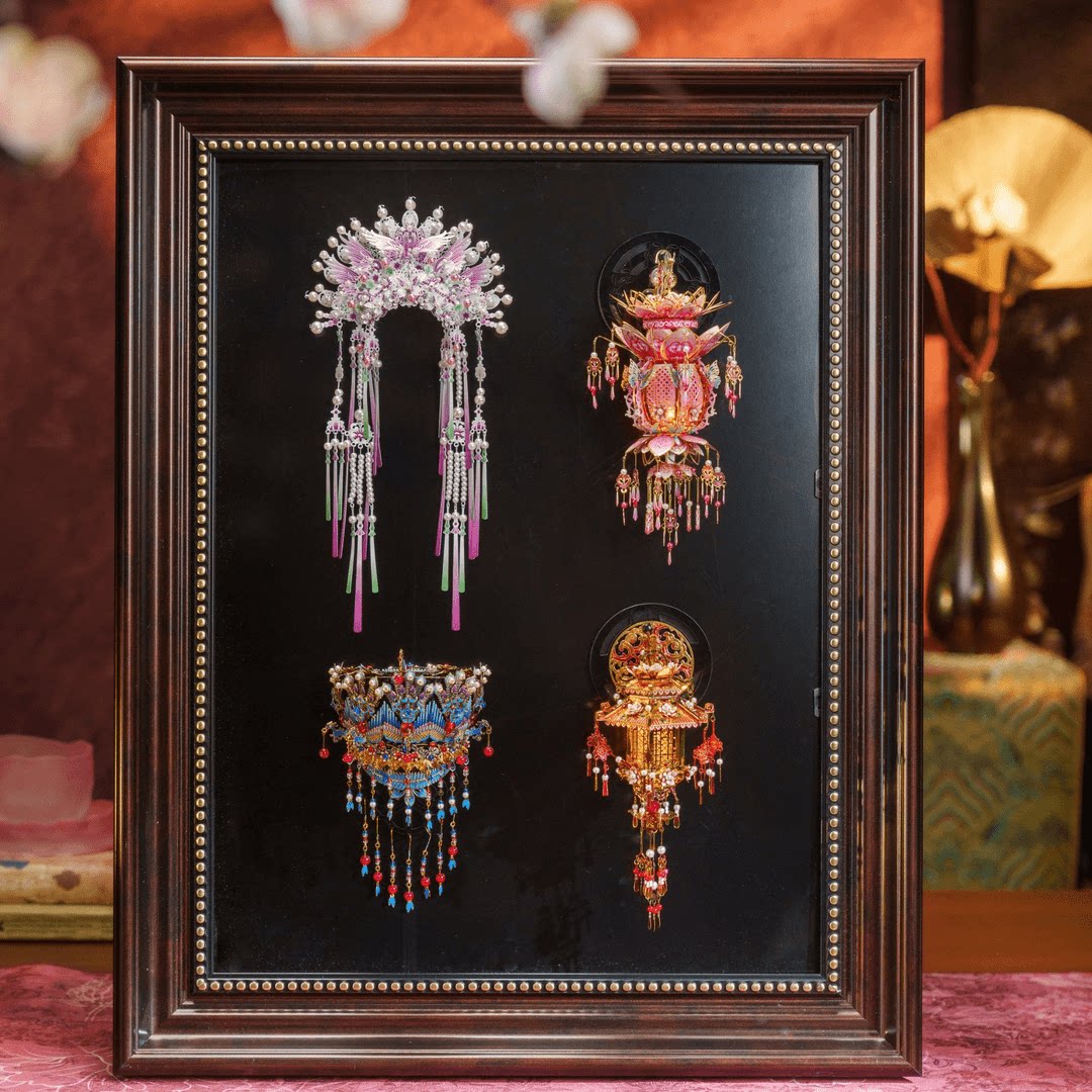 伝統的な中国風ピンクの鳳凰冠冷蔵庫マグネット、3Dカワセミの羽象嵌鳳凰冠宮殿ランタン金属パズルDIYおもちゃギフト