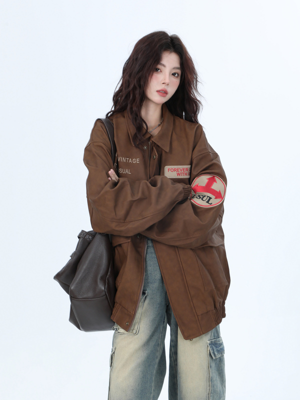 Maillard Retro Embroidered Leather Jacket for Women, Spring and Autumn, Loose Unisex Style, Bomber Jacket, High Street Baseball Jacket, Trendy Maillard Retro Embroidered Leather Jacket for Women, Spring and Autumn, Loose Unisex Style, Bomber Jacket, High Street Baseball Jacket, Trendy
