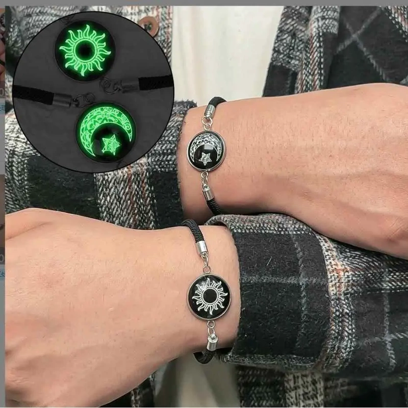 Sun and Moon Stainless Steel Gemstone Lovers' Friendship Bracelet Braided Rope Valentine's Day Couple's Heart Luminous Bracelet for Men and Women