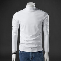 Spring and autumn mid-high collar bottoming shirt pure white youth mens long-sleeved t-shirt solid color autumn clothes small shirt top