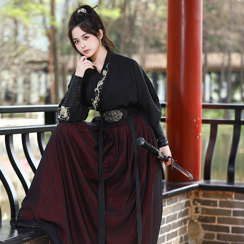 Heroic Style Hanfu Set for Women: Ancient Style, Bold Black Cross-Collar Embroidery, Martial Arts Performance Costume, Traditional Long Dress for Students Heroic Style Hanfu Set for Women: Ancient Style, Bold Black Cross-Collar Embroidery, Martial Arts Performance Costume, Traditional Long Dress for Students