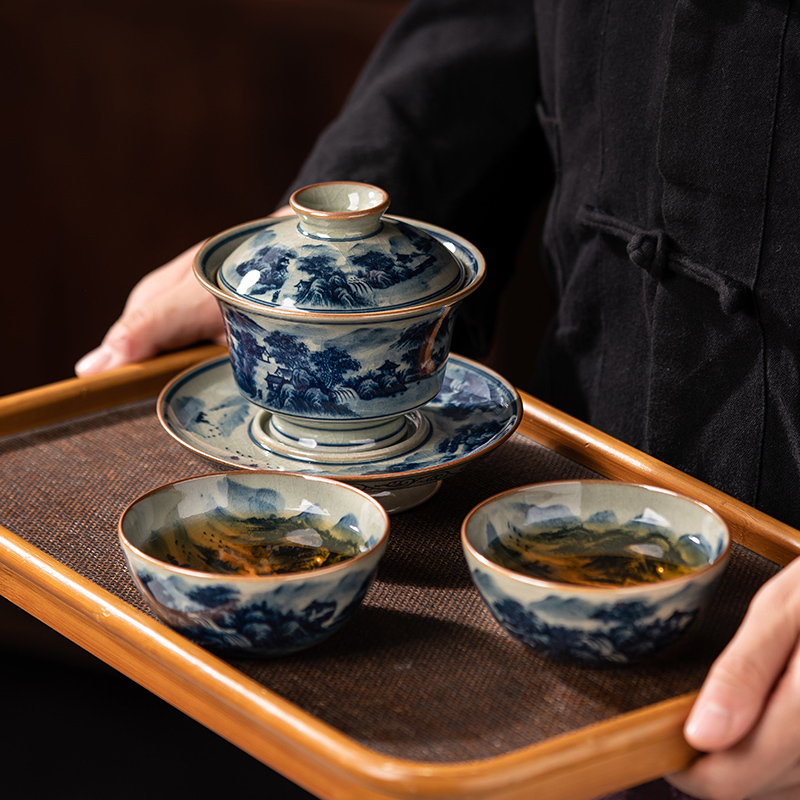 Taofu Jingdezhen Traditional Clay Landscape Kung Fu Tea Set, Fully Handmade High-End Tea Brewing Gaiwan Tea Cup Three-Piece Set