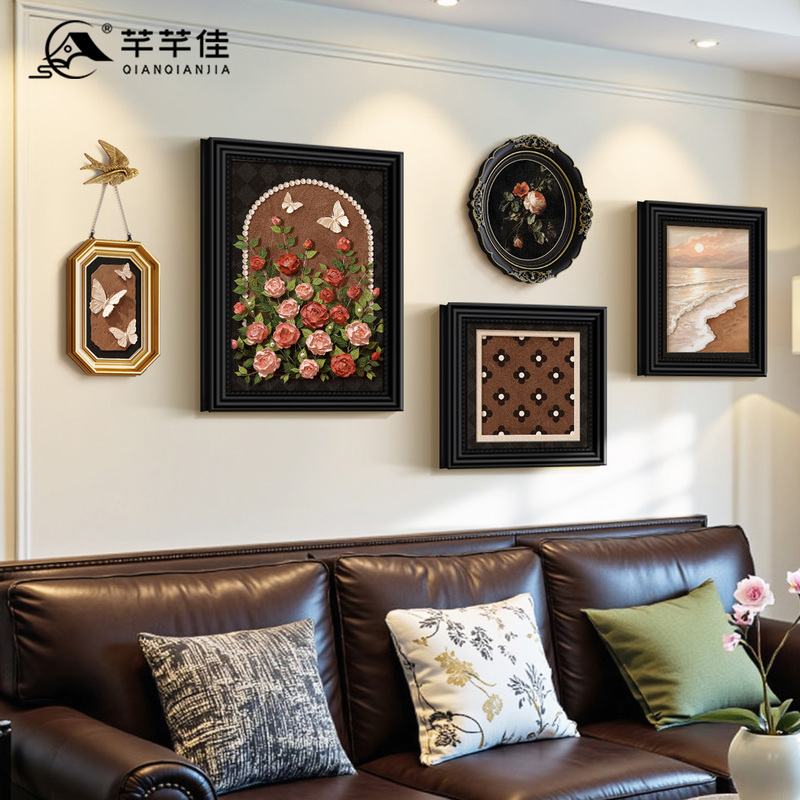 French-Style Rose Flower Decorative Painting for Living Room, Vintage Floral Sofa Background Wall Hanging Painting, Mid-Century Butterfly Combination Wall Art