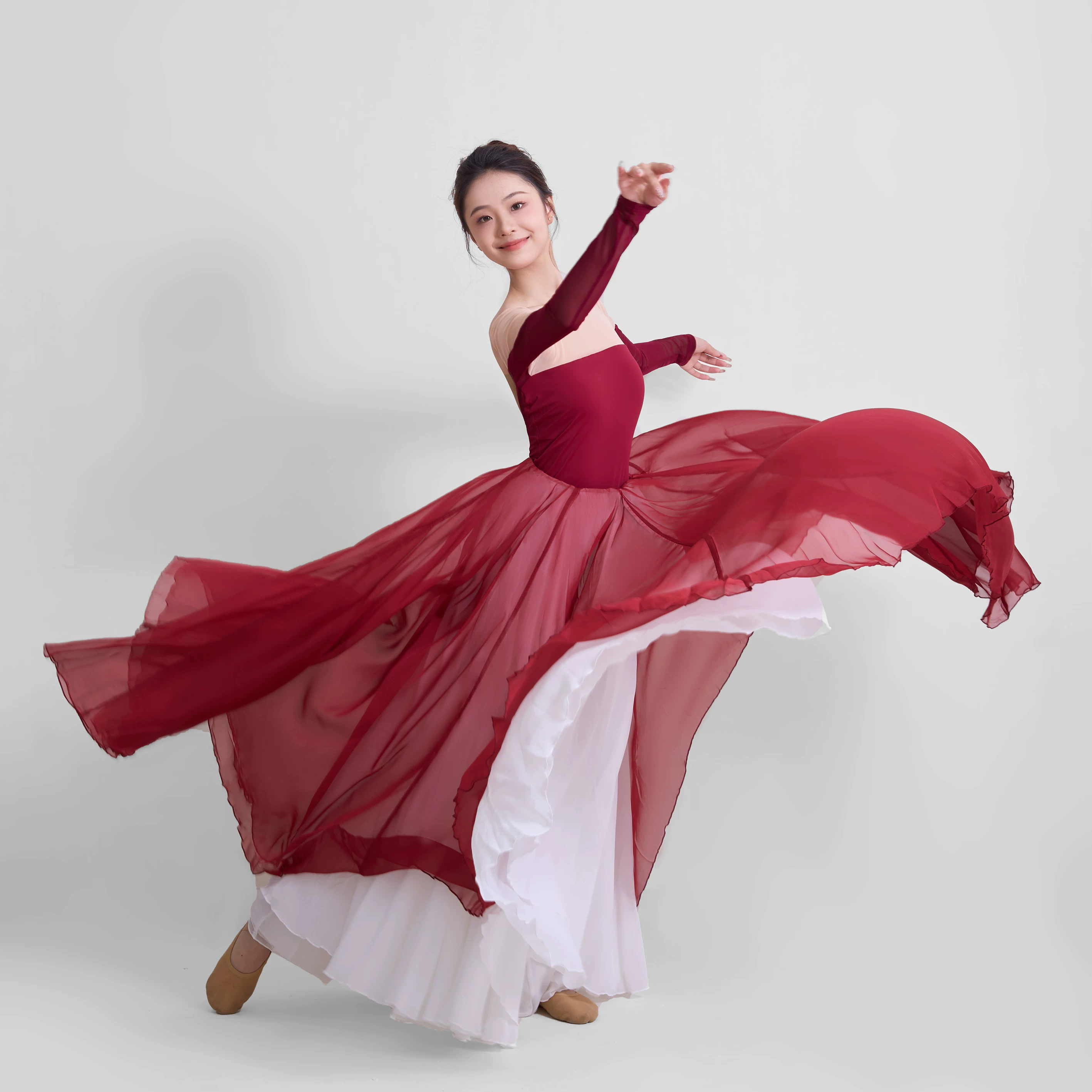 720° large skirt for the opening dance chiffon dance skirt Chinese dance national style red and white large skirt elegant repertoire art examination uniform