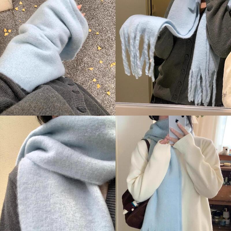 Soft and Fluffy Tassel Large Twist Solid Color Women's Versatile Korean-Style Scarf Imitation Cashmere Shawl Mohair Thick Warm Neck Scarf