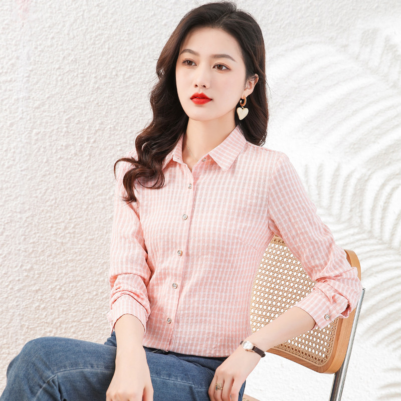 纯棉格子衬衫女长袖2026春秋新款时尚洋气翻领衬衣打底衫百搭上衣
