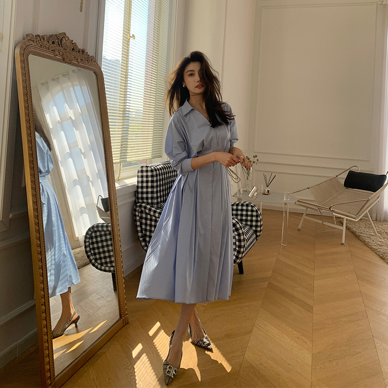 Long Xier French-Style Shirt Dress for Women, Waist-Cinching, Long-Sleeved, Stylish, Mid-Length, Sun-Protective Dress 3028