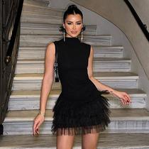 European and American clothing 2024 summer new fashion stand-up collar pure desire sleeveless waist slimming solid color splicing dress