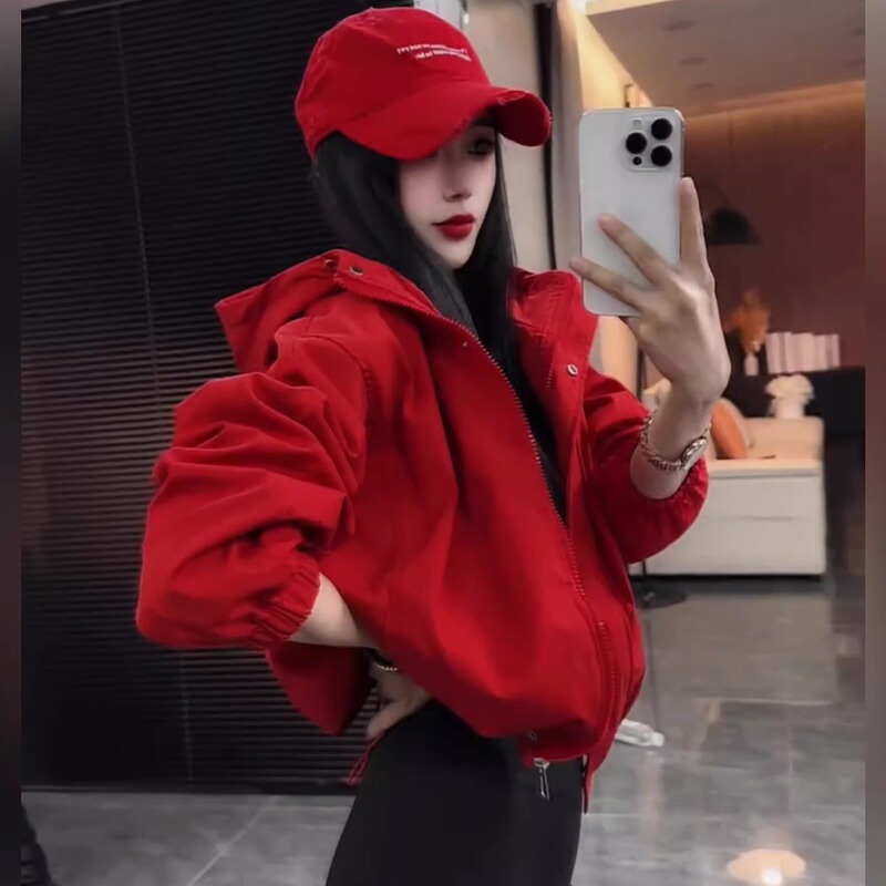 European High-End Red Hooded Jacket for Women 2026 Spring and Autumn New Style, High-End Feel, Loose and Versatile Long-Sleeve Windbreaker