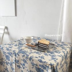 Ins Style Matching Soft Decoration Stylish Tablecloth Matching Blue Flowers Minimalist Cotton and Linen Picnic Cloth Korean Home Decoration