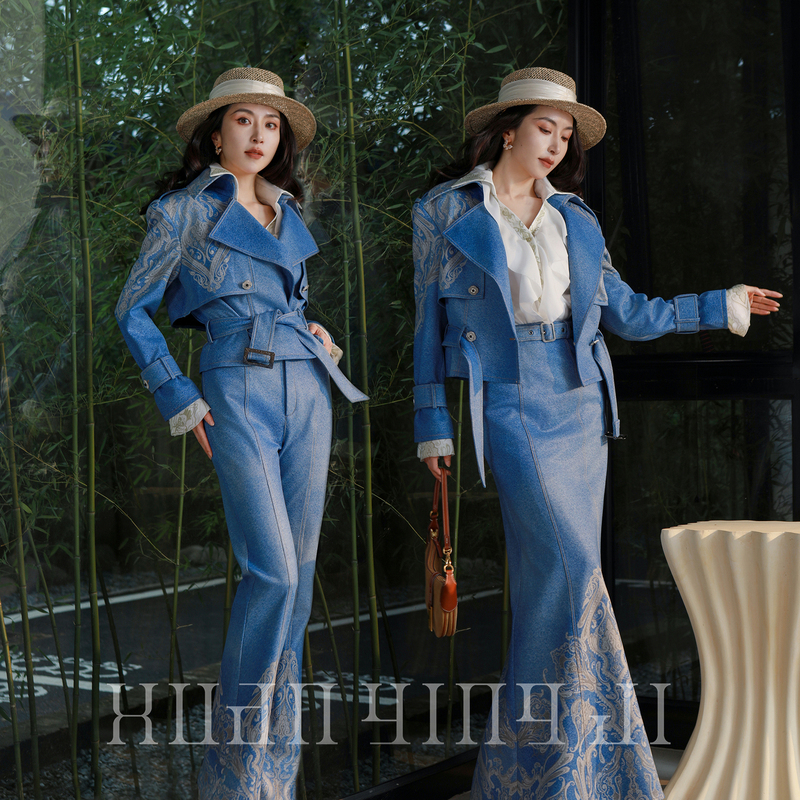 Xuanyingji Wind-Resistant Autumn Collection | Casual Autumn and Winter Positioning Print Denim Short Windbreaker Skirt Pants Set