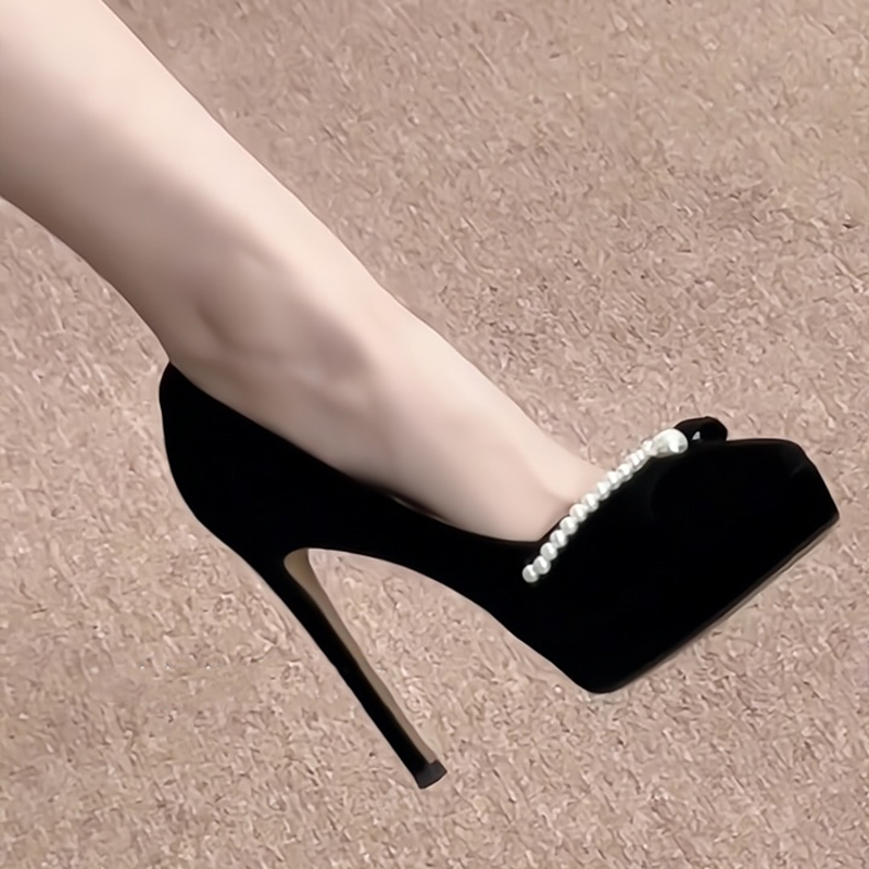 Miss Flower Hot Girl Black Platform High Heels Women's Stiletto 2026 Spring New Style Elegant Pearl Pointed Toe Pumps