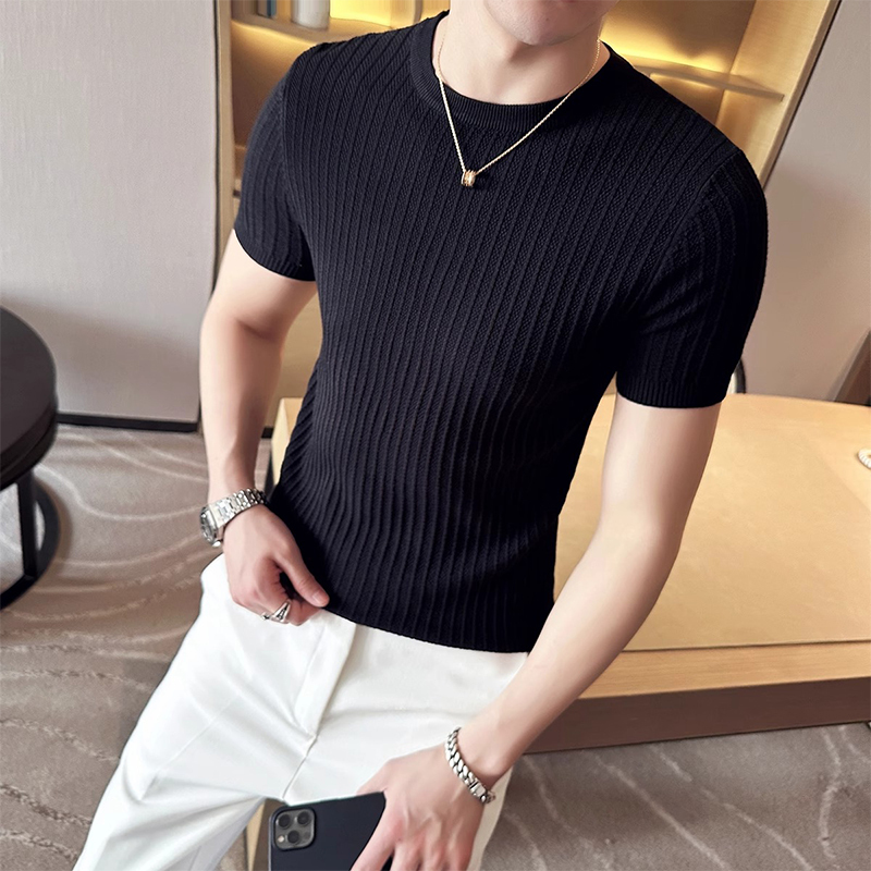 Knitted Short-Sleeve T-Shirt for Men, Slim Fit, Trendy Brand, Round Neck Sweater, Half-Sleeve, Korean Style, Trendy, Stretchy, Tight-Fitting Base Shirt Knitted Short-Sleeve T-Shirt for Men, Slim Fit, Trendy Brand, Round Neck Sweater, Half-Sleeve, Korean Style, Trendy, Stretchy, Tight-Fitting Base Shirt