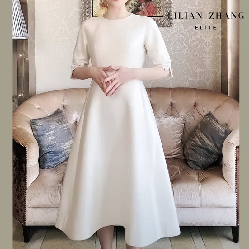 Light Dress-Royal Lady—Silk Wool Pearl White Palace Retro A-Hem Dress with Elegant 2101099