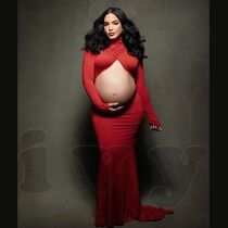 Elegant Maternity Photoshoot Dress Hollow Elastic Fabric Red
