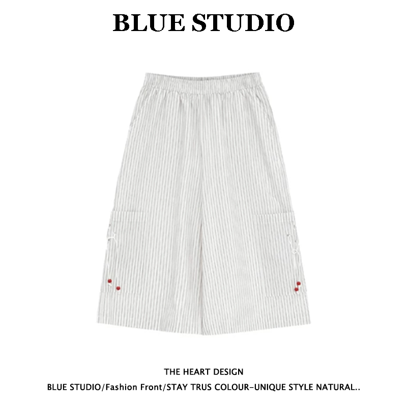 Cherry Beads Really Caught My Attention. Breathable Vertical Striped Pants, Summer Salt-Style Japanese Casual Straight-Leg Cropped Pants for Women