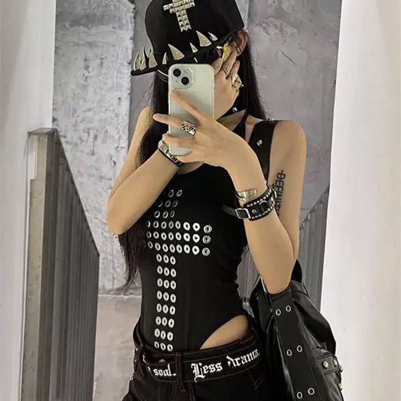 Black Cross Metal Rivet Halter Neck Camisole for Women, Summer Inner Wear or Outer Wear, Slim Fit Sleeveless Tank Top Bodysuit