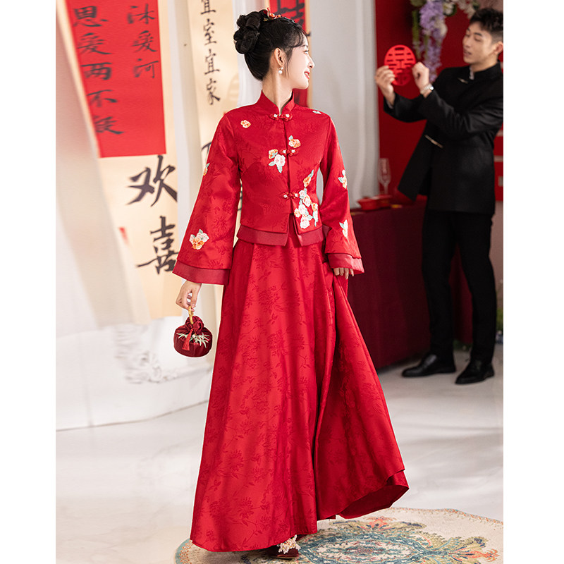 红色敬酒服新娘2024新款旗袍新中式两件套结婚订婚礼服裙女出阁宴-Taobao