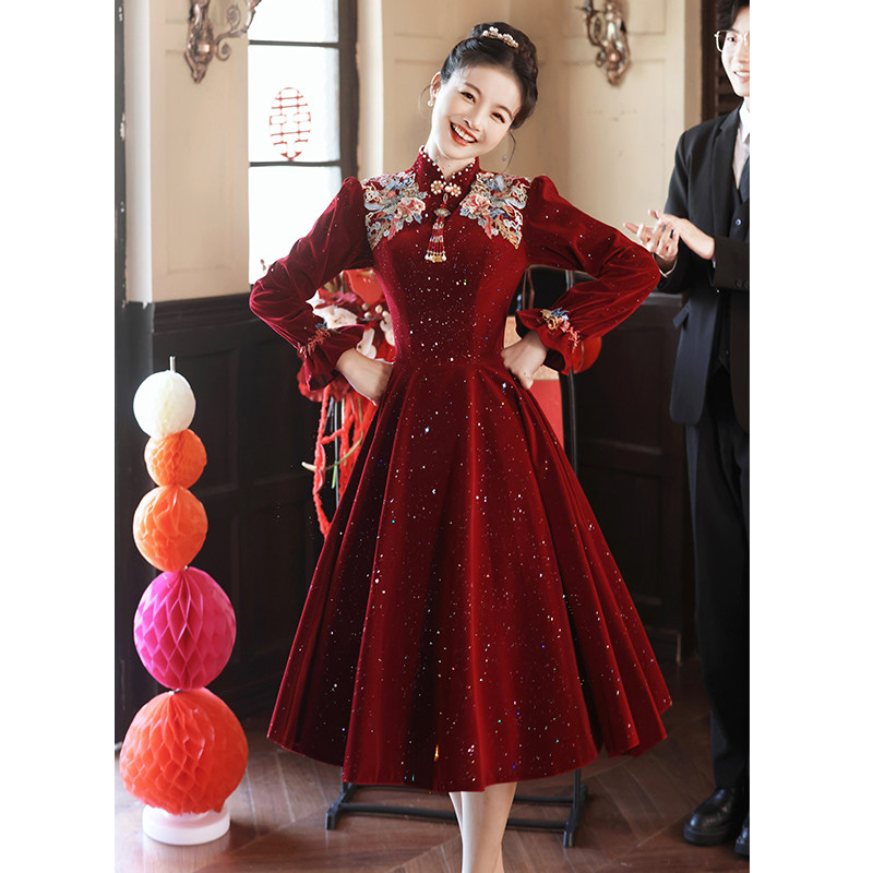 👗新中式旗袍敬酒服2024新款,新娘结婚高级感小个子订婚红色礼服秋冬👑-礼服/晚装-淘宝好物网