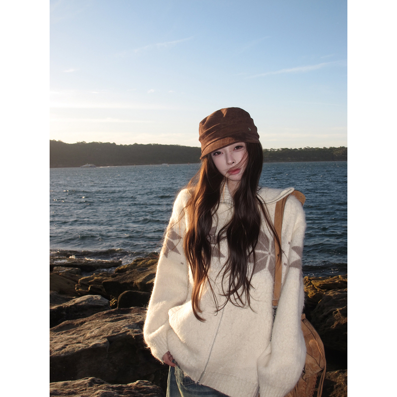 Suuuicee ■ Songli Magazine Retro Fair Isle Color-Block Loose Zipper Sweater Jacket Knitted Thick Top