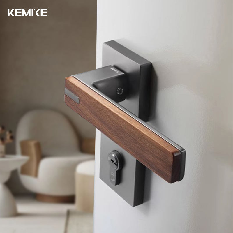 Kemik Black Walnut Door Lock Set for Indoor Bedroom, Simple and High-End, Silent Magnetic Wooden Door Handle